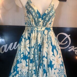 Blue Cream Floral Maxi Dress Womens Boho  V Neck Vacation Cottagecore Plus 2x